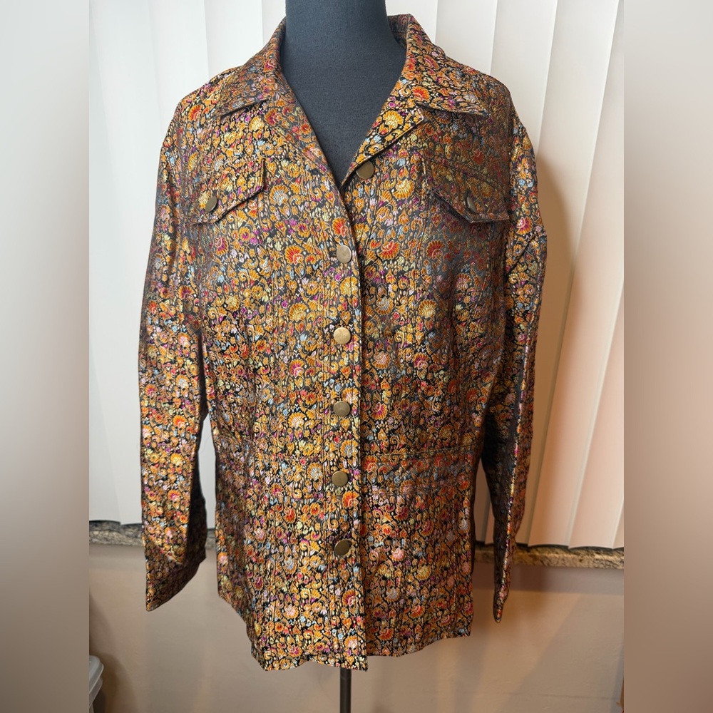 Coldwater Creek floral brocade jacket button-front design brass-toned hardware.